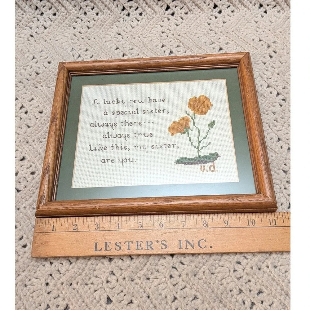 Vintage Handmade Sister Cross Stitch Framed Wall Art Yellow Floral Wood Frame
